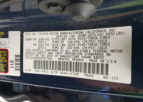 2008 Toyota Tacoma Base V6 z USA, uszkodzony, nr VIN 5TELU42N28Z547400